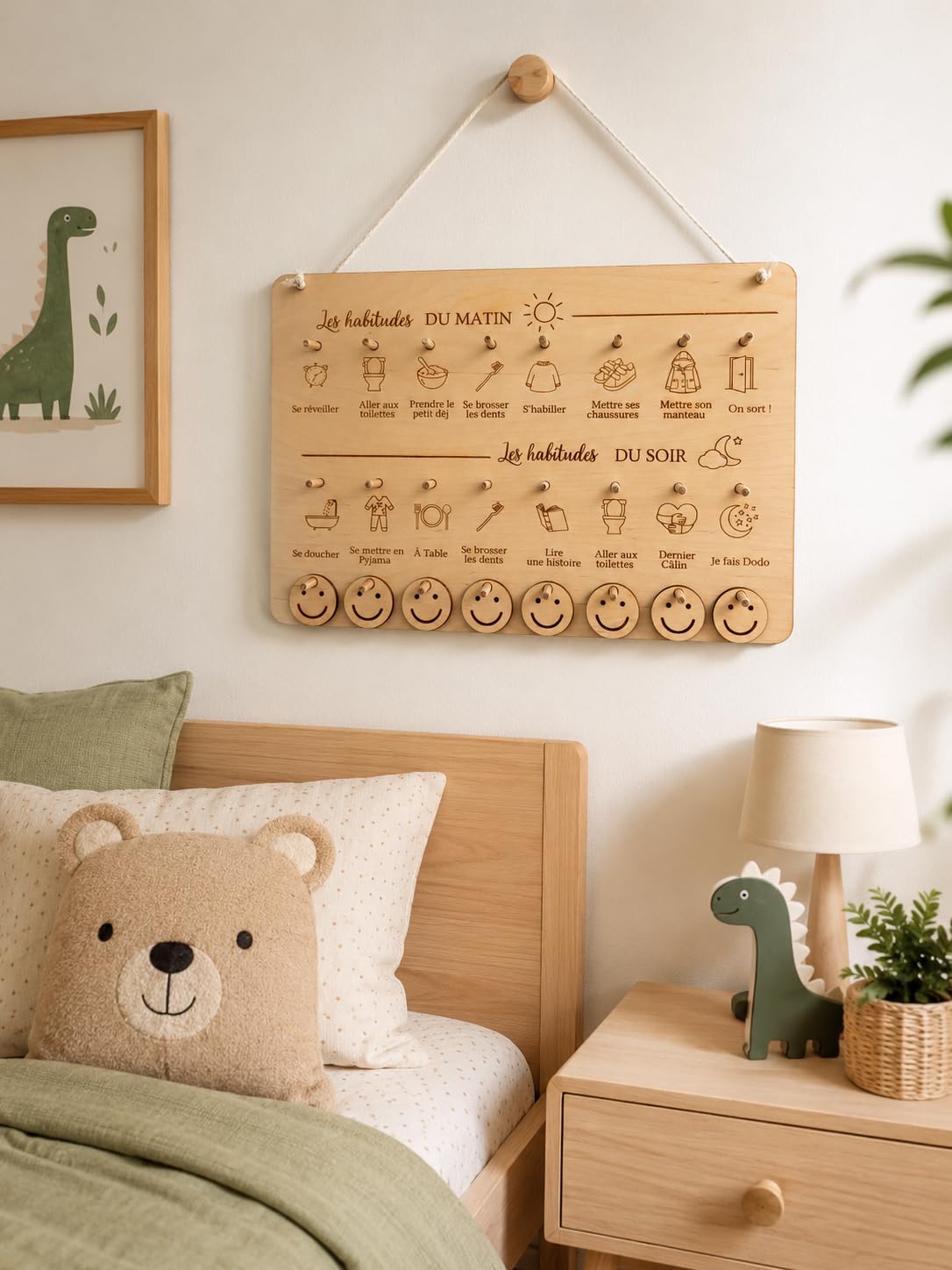 Tableau Routine Enfant Montessori Bois – Planning Journalier Habitudes Quotidiennes Matin Soir – Autonomie Enfant Smileys