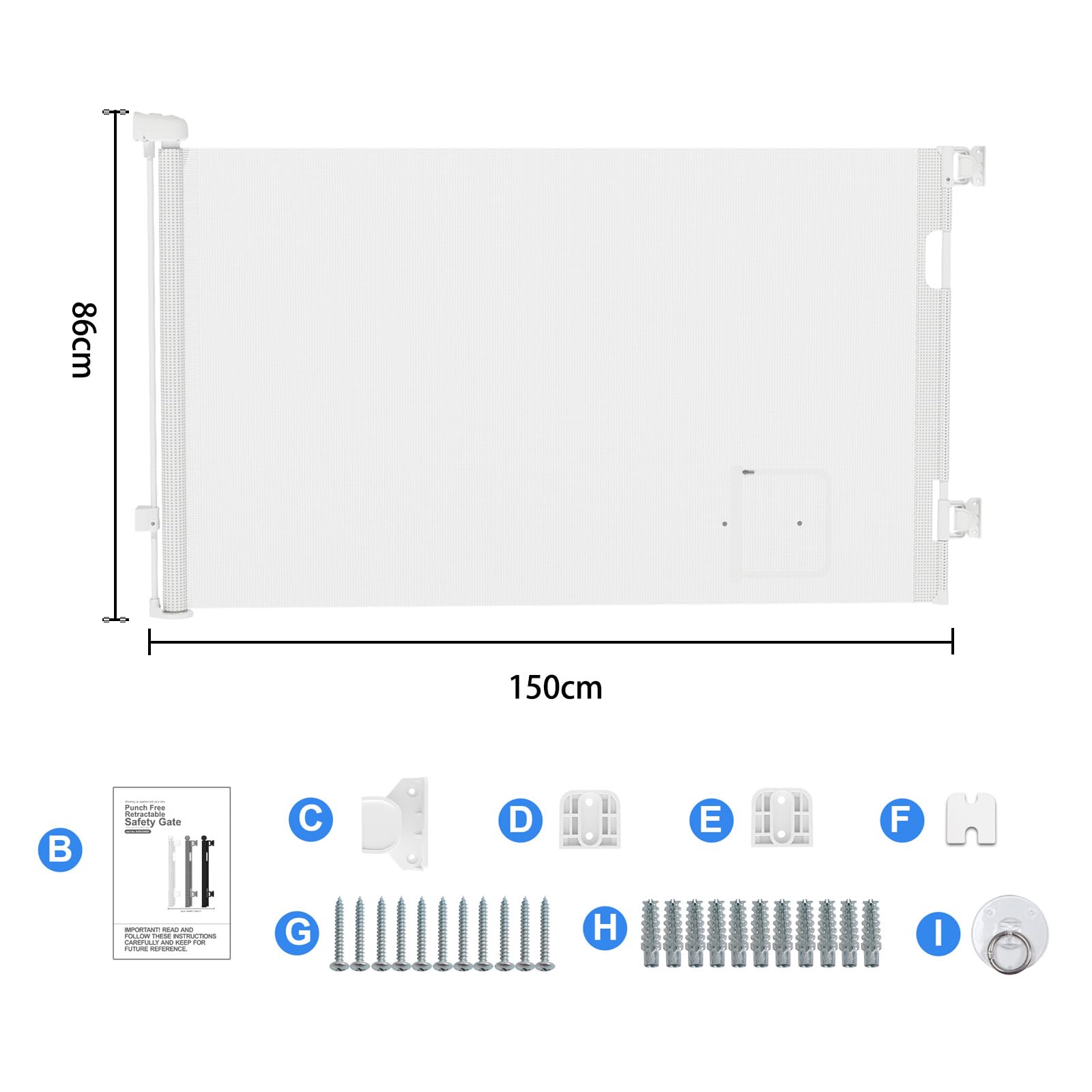 Chowana bramka schodowa dla niemowląt i zwierząt z wysuwanym otworem dla kota, ogrodzenie dla psa, zwijana bariera schodowa - 86 x 150 cm (biała) (B)