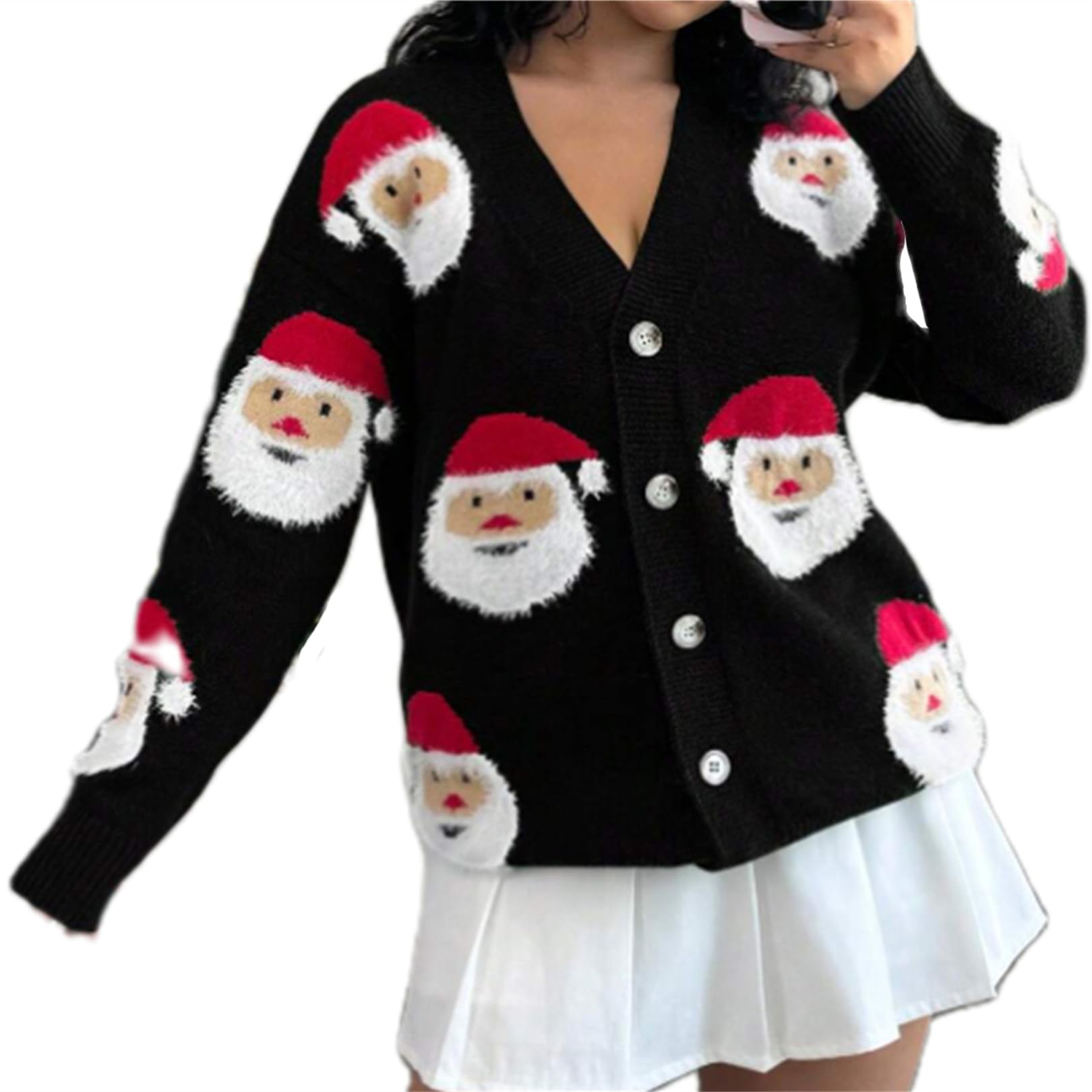 Women Xmas Cardigan Cute Santa Claus Candy Cane Print Button Up Long Sleeve Sweater Vintage Christmas Loose Streetwear