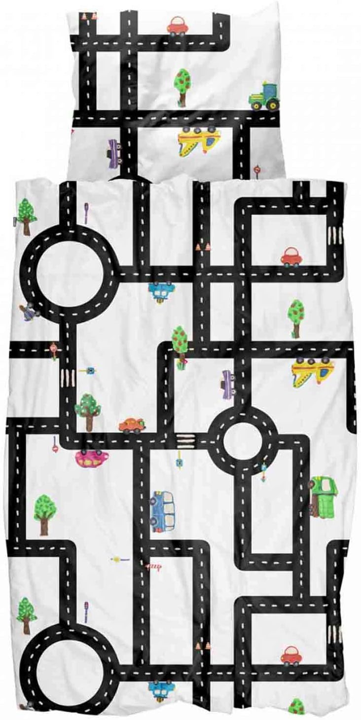 SnurkBed Linen Clay Traffic Colourful White Cars Play Street Trees Children Percale 135 cm x 200 cm