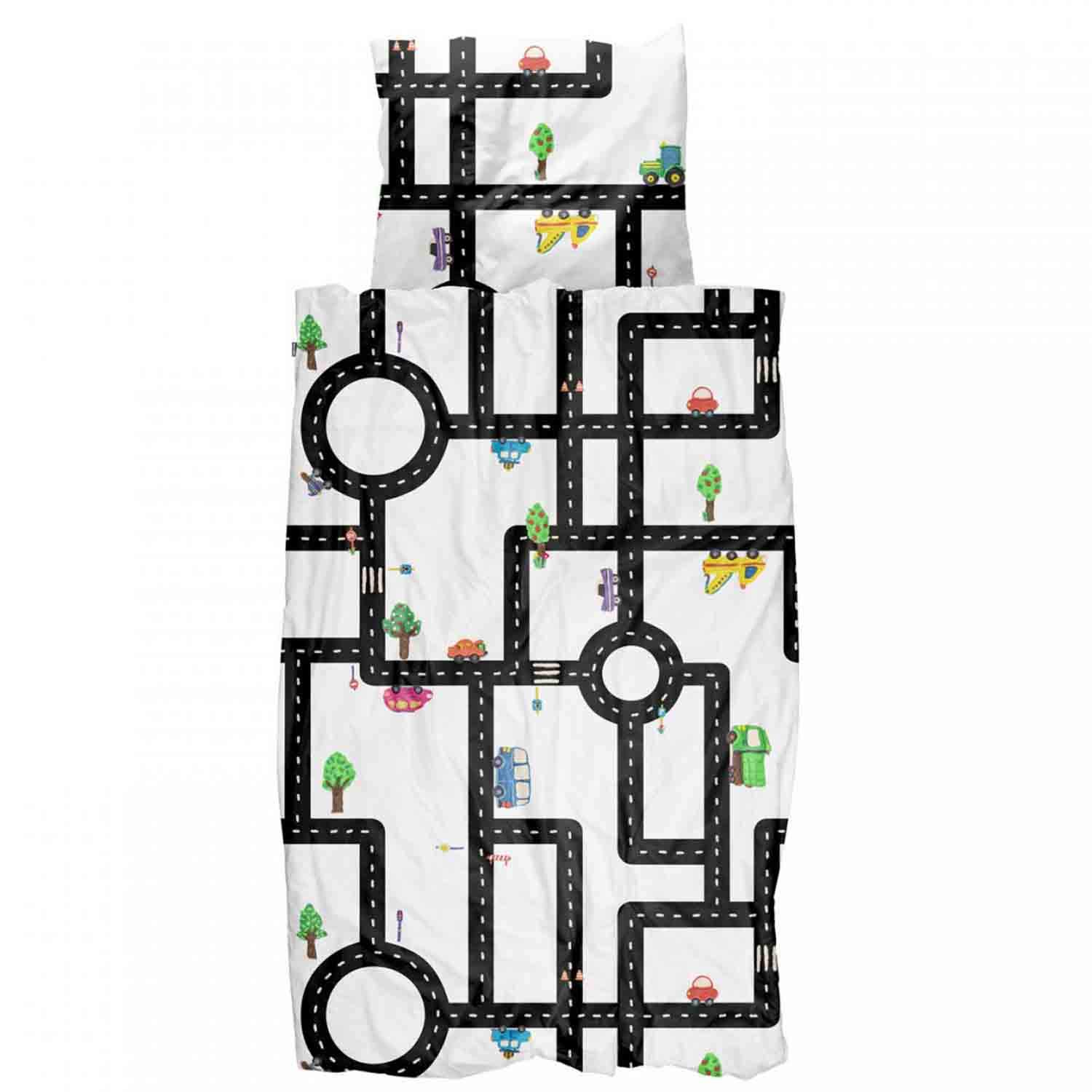 SnurkBed Linen Clay Traffic Colourful White Cars Play Street Trees Children Percale 135 cm x 200 cm