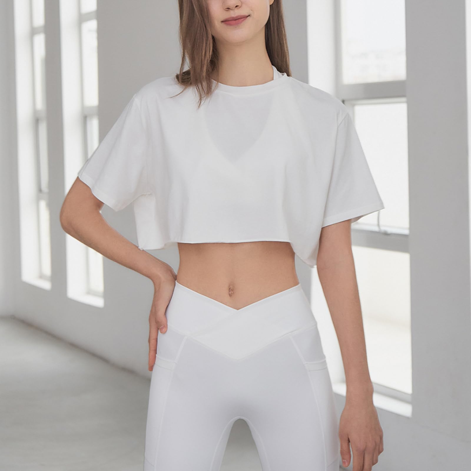 Damskie Sportowe Topy Slim Fit PrzycięTe Topy Do Jogi T Shirt Cover Ups,White,S