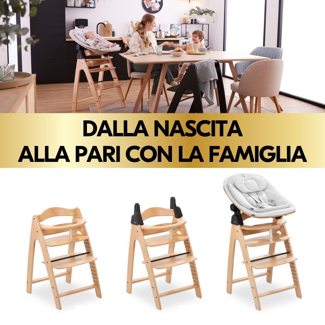 hauck Seggiolone Pappa Arketa Newborn Set Eco Bouncer – Seggiolone Evolutivo Legno Regolabile per Crescere insieme fin dalla Nascita, incluso Sdraietta Neonati e Cuscino (Faggio)