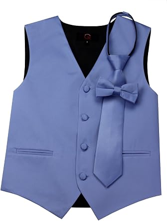 Brand Q Boys Tuxedo Vest, Zipper Tie & Bow-Tie Set in Cornflower