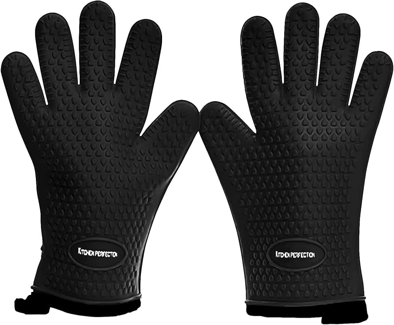 KITCHEN PERFECTION Guantes de silicona para horno para ahumador - Guantes para barbacoa extremadamente resistentes al calor - Maneje alimentos calientes directamente en su ahumador, parrilla, freidora|Mitones impermeables para horno, guantes para parrilla | Juego de valor superior + 3 bonos | Resistente al agua, diseño de 5 dedos para un mejor agarre, para Pitmasters, ahumar carne, asar, cocinar y freír pavo | Regalo de parrilla