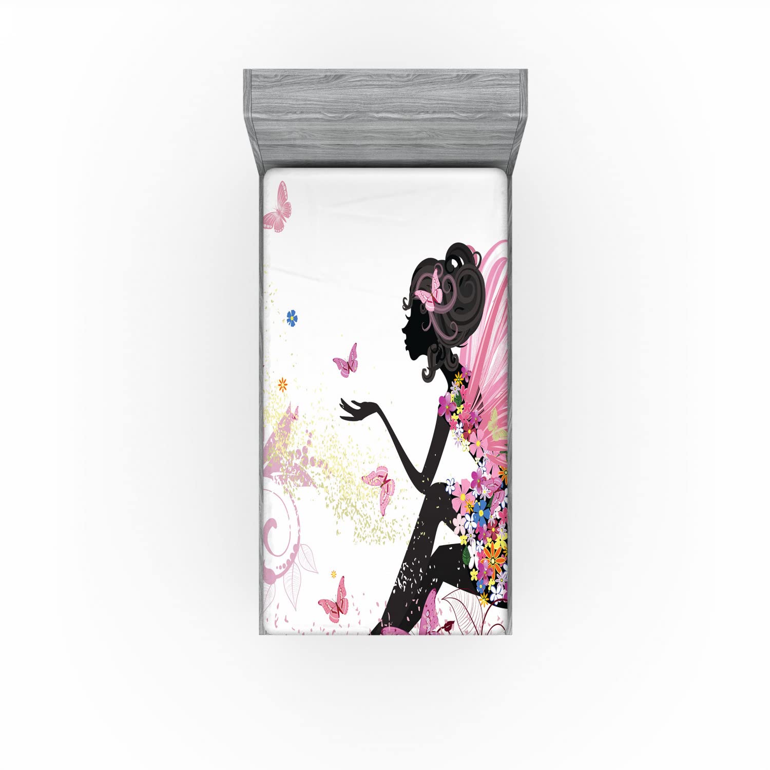 Ambesonne Fantasy 2 Pack Fitted Sheet, Butterfly Lady in Flowers, Bed Cover All-Round Elastic Deep Pockets 2 Pieces, Package Contains 2 Twin Size Fitted Sheets, Pink and White