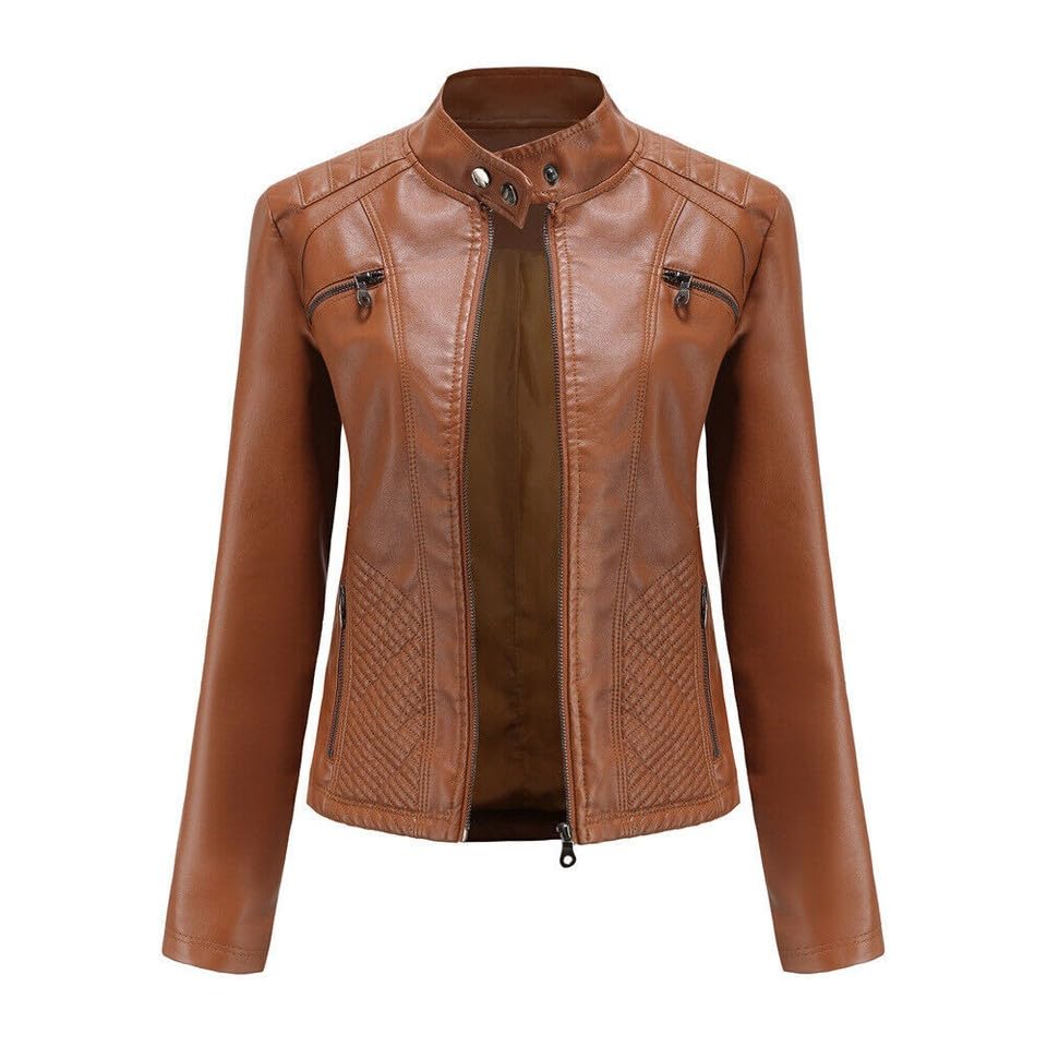 Veste de motard pour femme camel XL veste slim faux cuir PU fermeture éclair manteau
