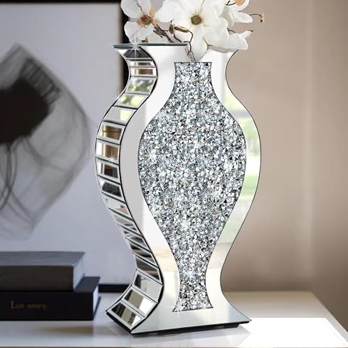 Crushed Diamond Mirrored Vase 15" S-Curve Silver Sparkle Decor Centerpiece | Stunning sparkle front & back. Decorative Vase Flower, perfect for tabletops in living rooms, dining rooms, or entryways