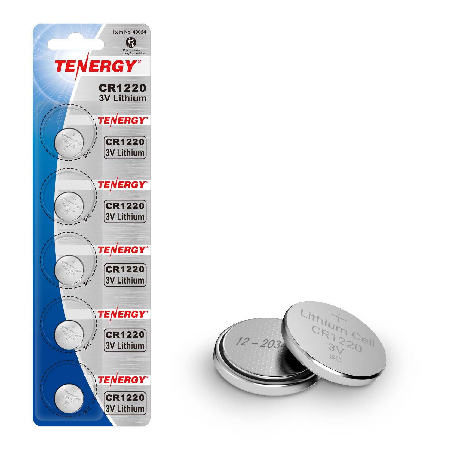 Tenergy CR1220 3V Lithium Button Cell Battery, for Keys, Watches, Accessories, 5 Count