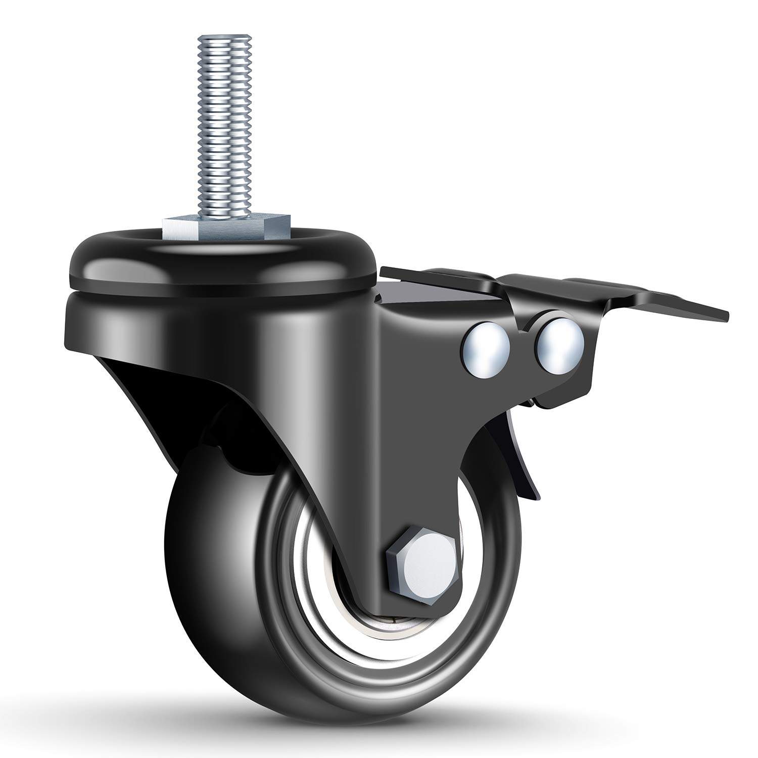 2 Inch Stem Casters, DICASAL Double Brakes Black PU Imperial Inch 5/16"-18x1" Screw Thread 360° Swivel Caster Wheels for Furture Carts DIY Stands 4 Pack
