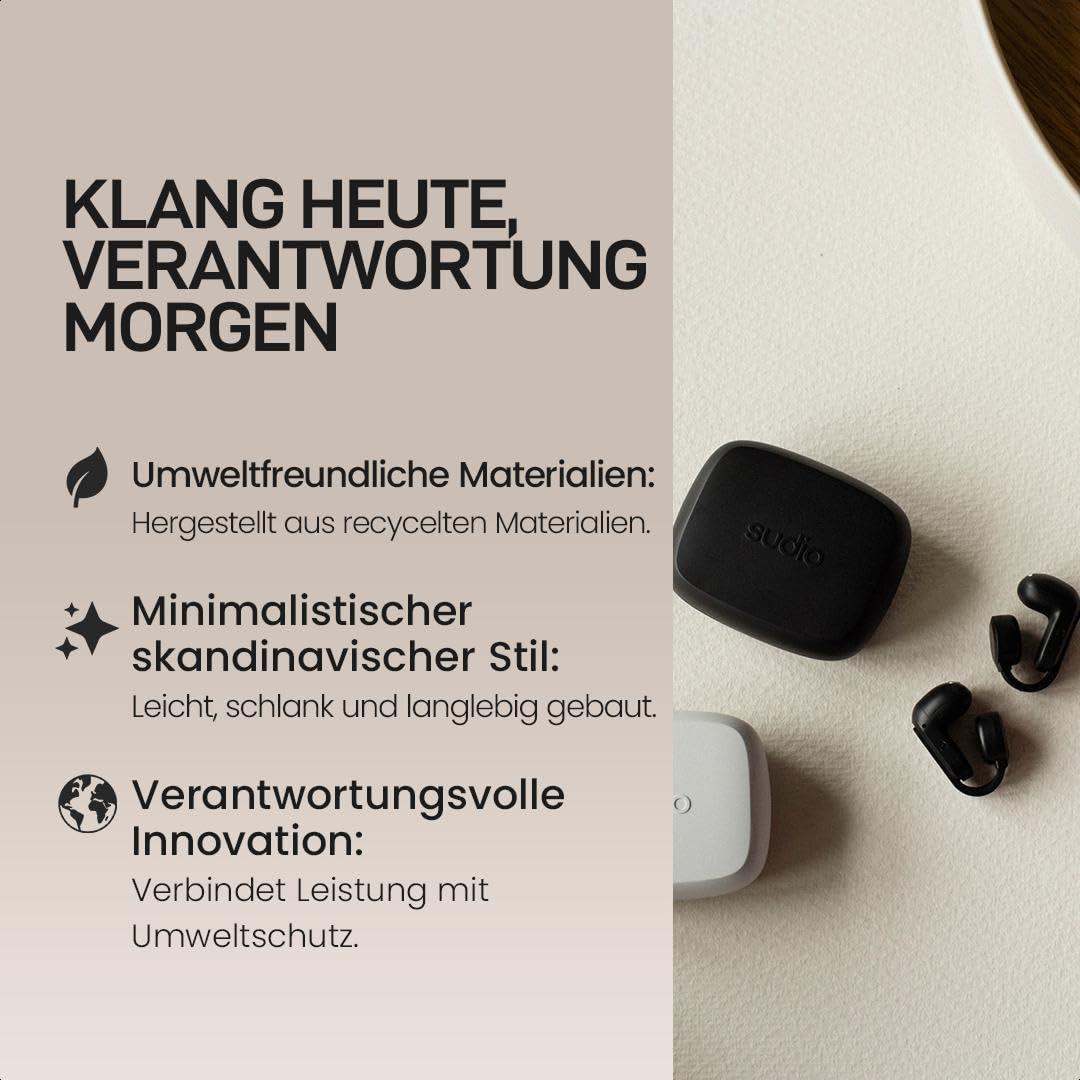 sudio B3 True Wireless Kopfhörer Kabellos Bluetooth 6.0 | Offene Clip-On Earpods | Multipoint Verbindung | 30h Spielzeit | Touch Steuerung | Schweiß & Spritzwassergeschützt | USB-C Ladecase | Schwarz