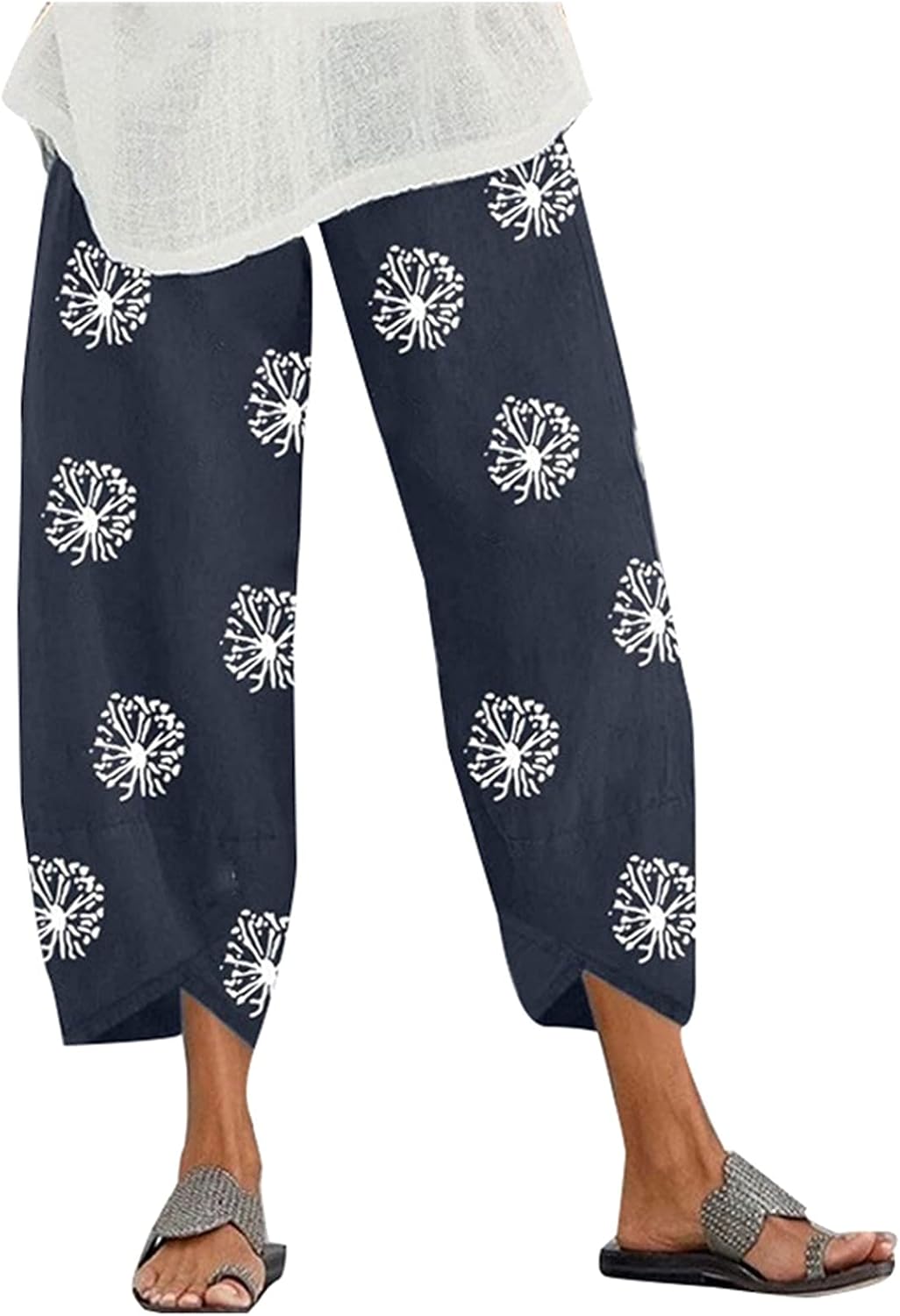 Costaric Cotton Linen Casual Summer Capri Pants Printed Comfy