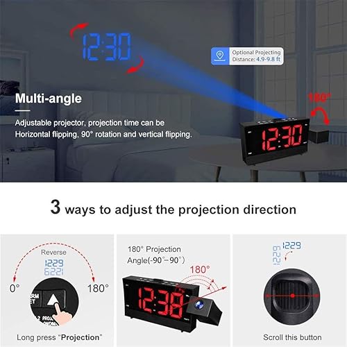 Miniatura 3 de KouRy Reloj despertador de proyección con radio FM, reloj digital con cargador de teléfono USB, fácil de usar, azul grande transparente giratorio de