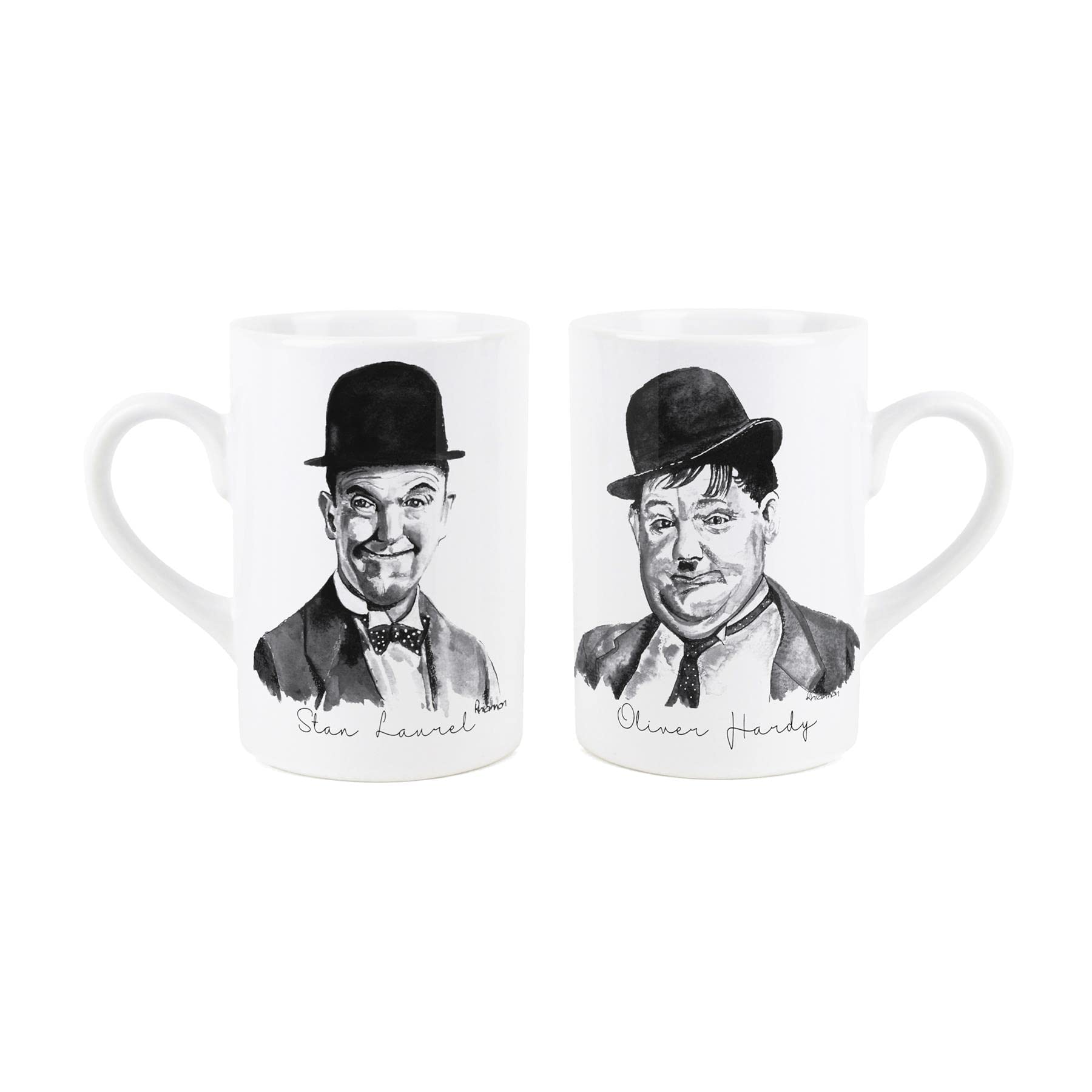 Laurel and Hardy Mug Set - Vintage Film Comedy Duo Stan Laurel and Oliver Hardy Hollywood Movie Gift/Present - Tea Coffee White Ceramic Set of 2 Mugs