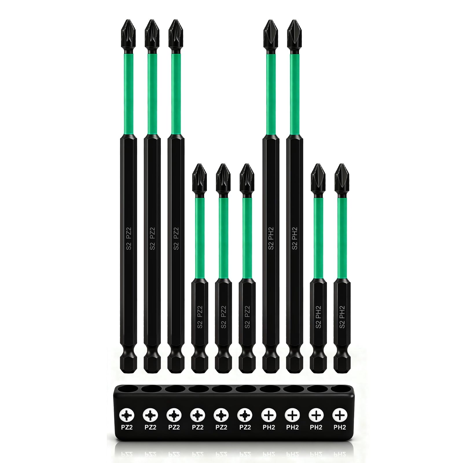 10 Pcs 150mm + 90mm PZ2 and PH2 Magnetic Impact Driver Bits, S2 Steel Magnetic Screwdriver Bit Set, 1/4 Inch Hex Shank Impact Driver Bit for Furniture Appliance Machinery Repair