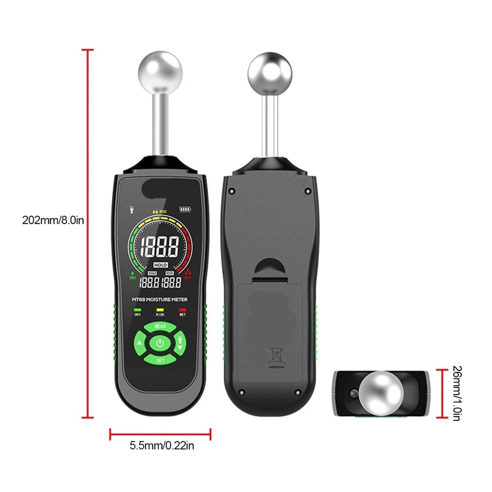 Feuchtigkeitsmesser, Digitaler Feuchtigkeitsmesser ohne Stift, Alarm, Holzfeuchtigkeitsmesser, hintergrundbeleuchteter LCD-Bildschirm, Feuchtigkeitstester