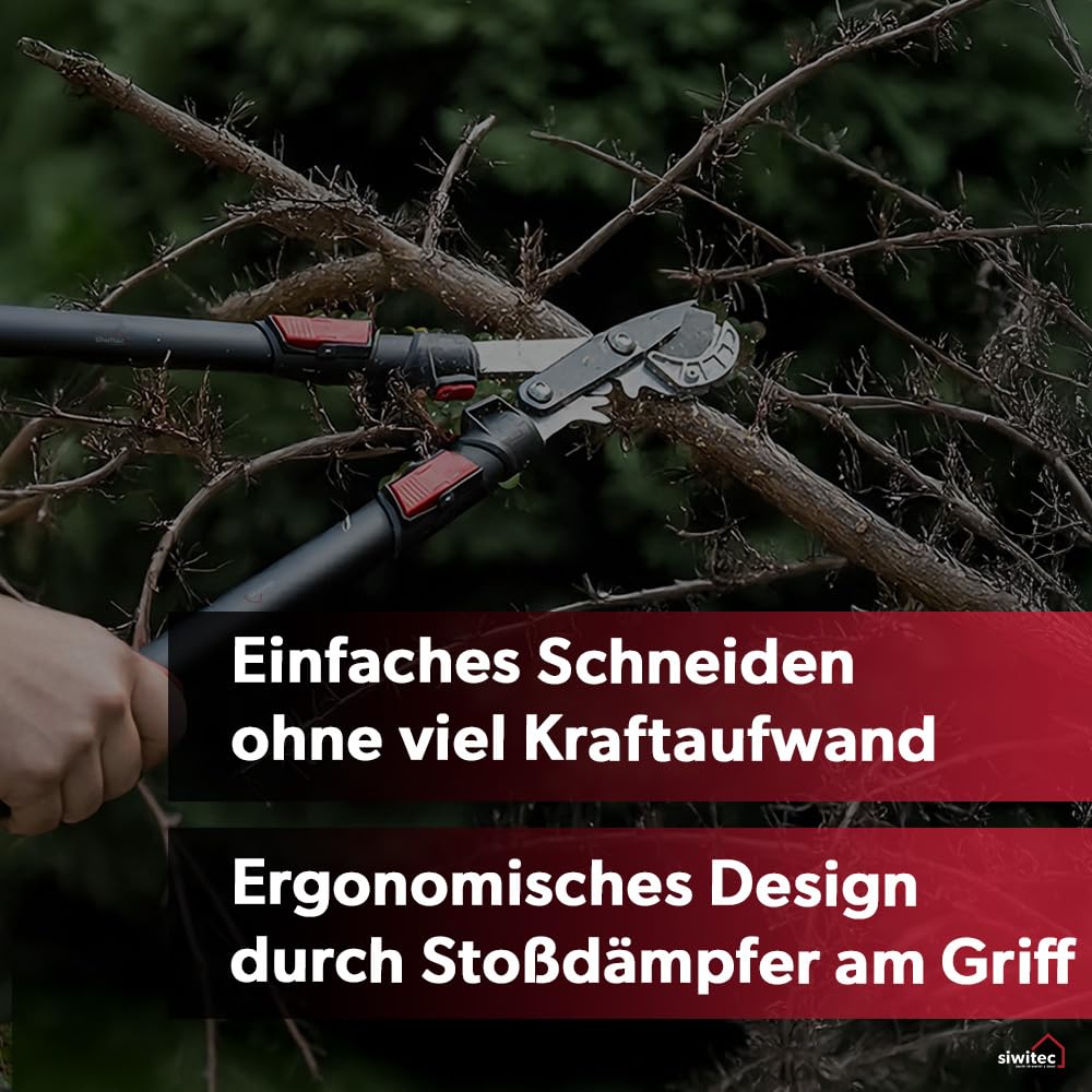 Siwitec Teleskop Bypass Getriebeastschere SG-21, Baumschere für frisches Holz bis Ø 40 mm, Kohlenstoffstahl, Länge 66-92 cm