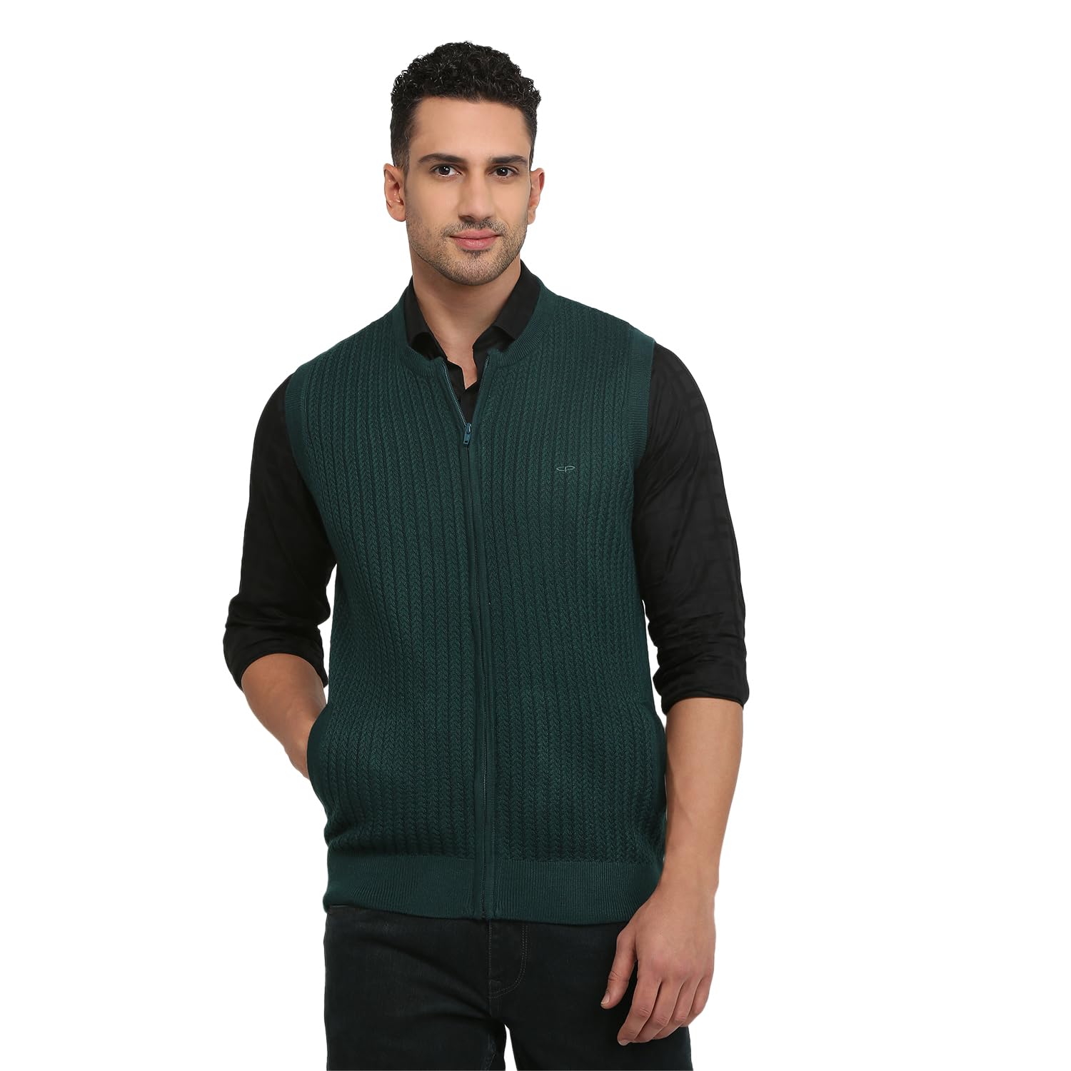colorplus Men Regular Fit Structure Pattern Acro Wool Blend Sleeveless V Neck Sweater-picture-40