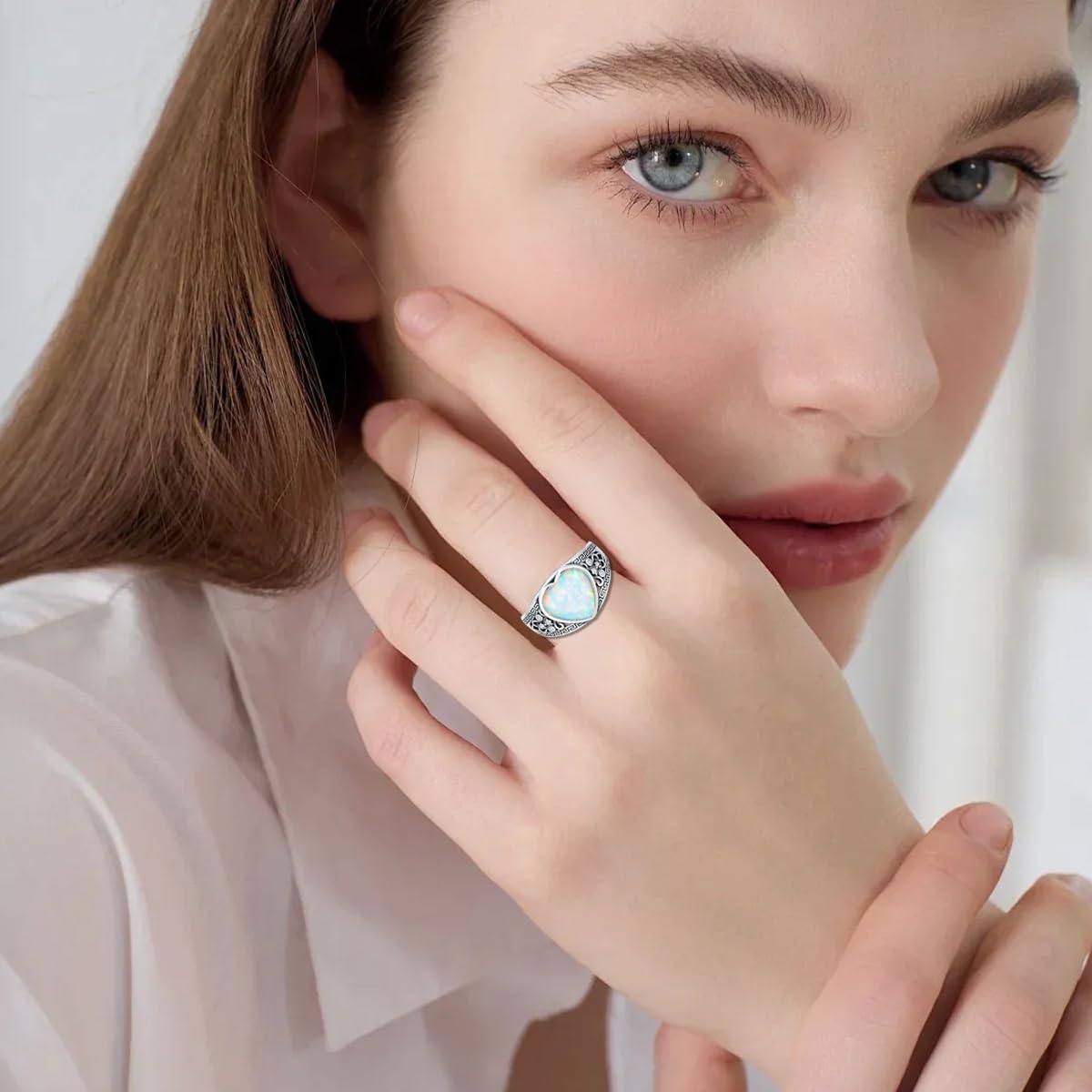 10MM Heart Cut Vintage Opal Statement Ring 925 Sterling Silver Heart Shaped White/Black/Blue Opal Filigree Ring for Women Size 4-12