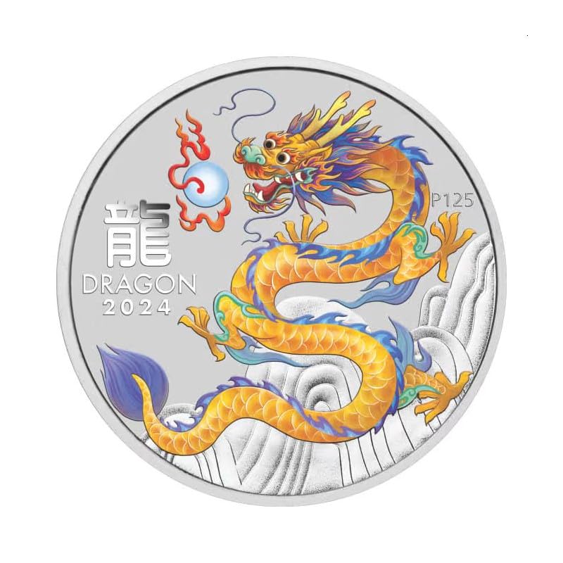 Generisch 1 uncja srebrna moneta Australia Lunar III smok żółty 2024 Yellow Dragon - 1 Oz Silver Coin srebrna moneta kolekcjonerska BU Color