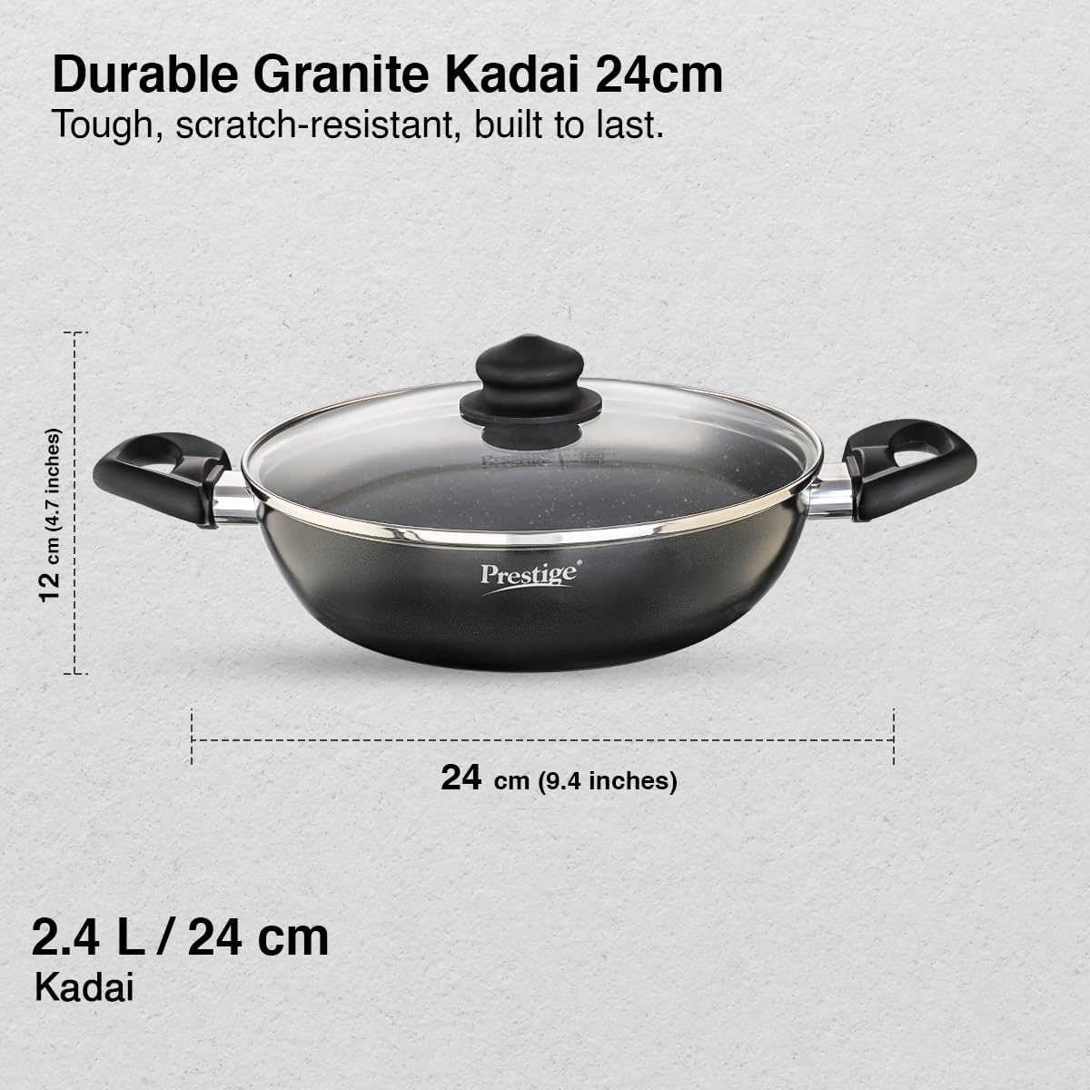 Prestige Omega Deluxe Non-Stick Kadhai | 2.4 litres | Black | Induction Base | Non-Stick Granite Finish | Scratch Resistant | Dishwasher Safe | Metal Spoon Friendly 1