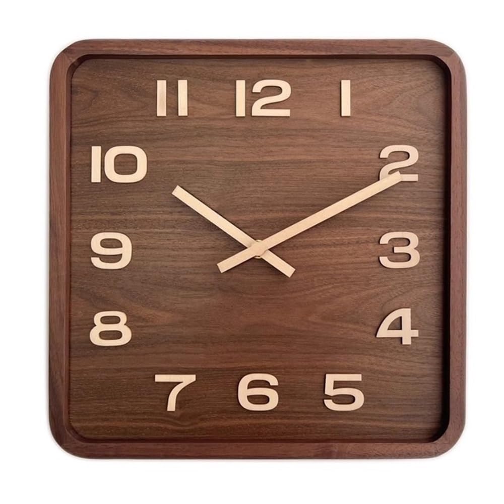 Horloge murale carrée en bois de noyer vintage et silencieuse pour salon chic