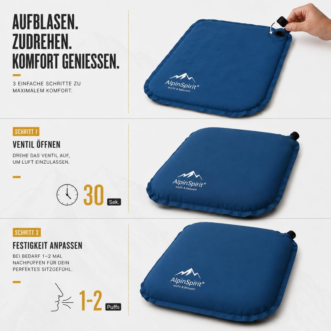 Coussin de siège gonflable d'extérieur [dimensions repliées et jusqu'à 5 cm] auto-gonflant, pliable et ultra léger, 40 x 30 cm, coussin de siège imperméable pour stade, camping, randonnée, avion