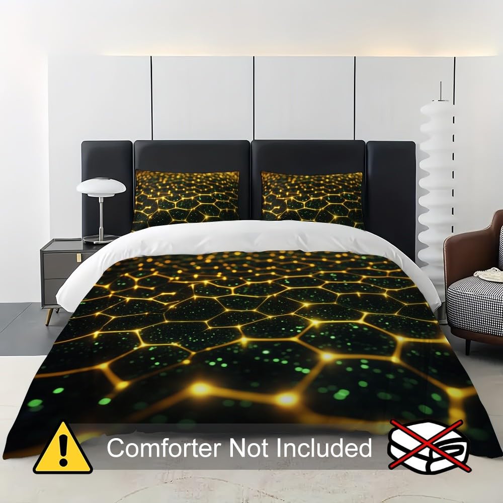 Poszwa na kołdrę 220x220cm Łóżko 135 - Fluorescencyjna zielona poszwa na kołdrę z mikrofibry i 2 poszewki na poduszki 50x75, sztuka geometryczna złota z plastrem plastra miodu miękki i wygodny zestaw