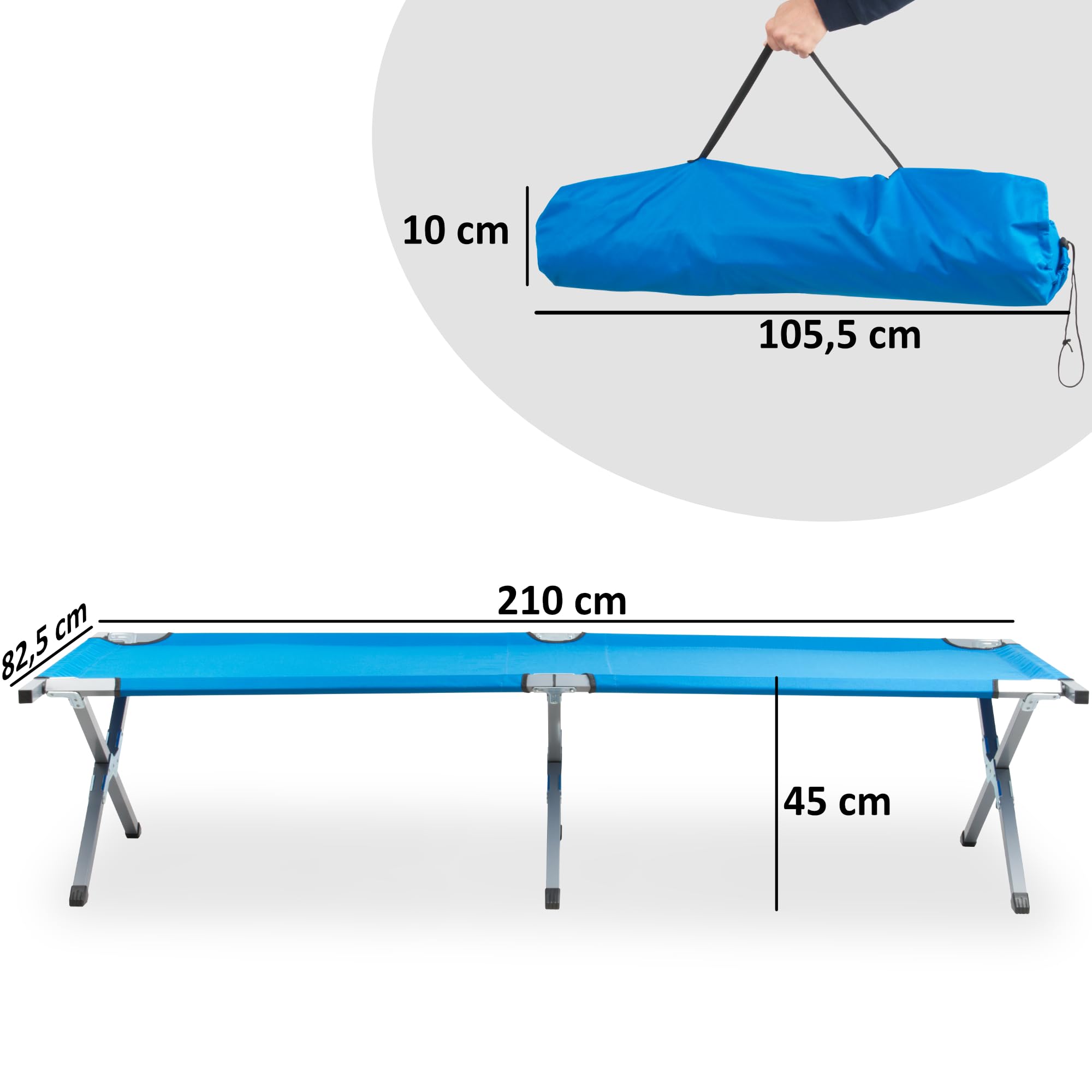 CampFeuer łóżko kempingowe XXL z torbą do przenoszenia | niebieskie | aluminiowy leżak kempingowy | składany leżak | stabilny leżak polowy | leżak do ogrodu, tarasu lub balkonu | łatwe rozkładanie