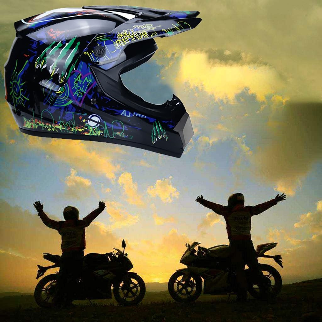 Jeunesse Enfants Casque Motocross, avec Lunettes Gants Masque, Adulte Unisexe Visage intégral MTB Moto Casque VTT Scooter Croix Casque, Descente Enduro MX Quad Vélo de Saleté Accident Casque