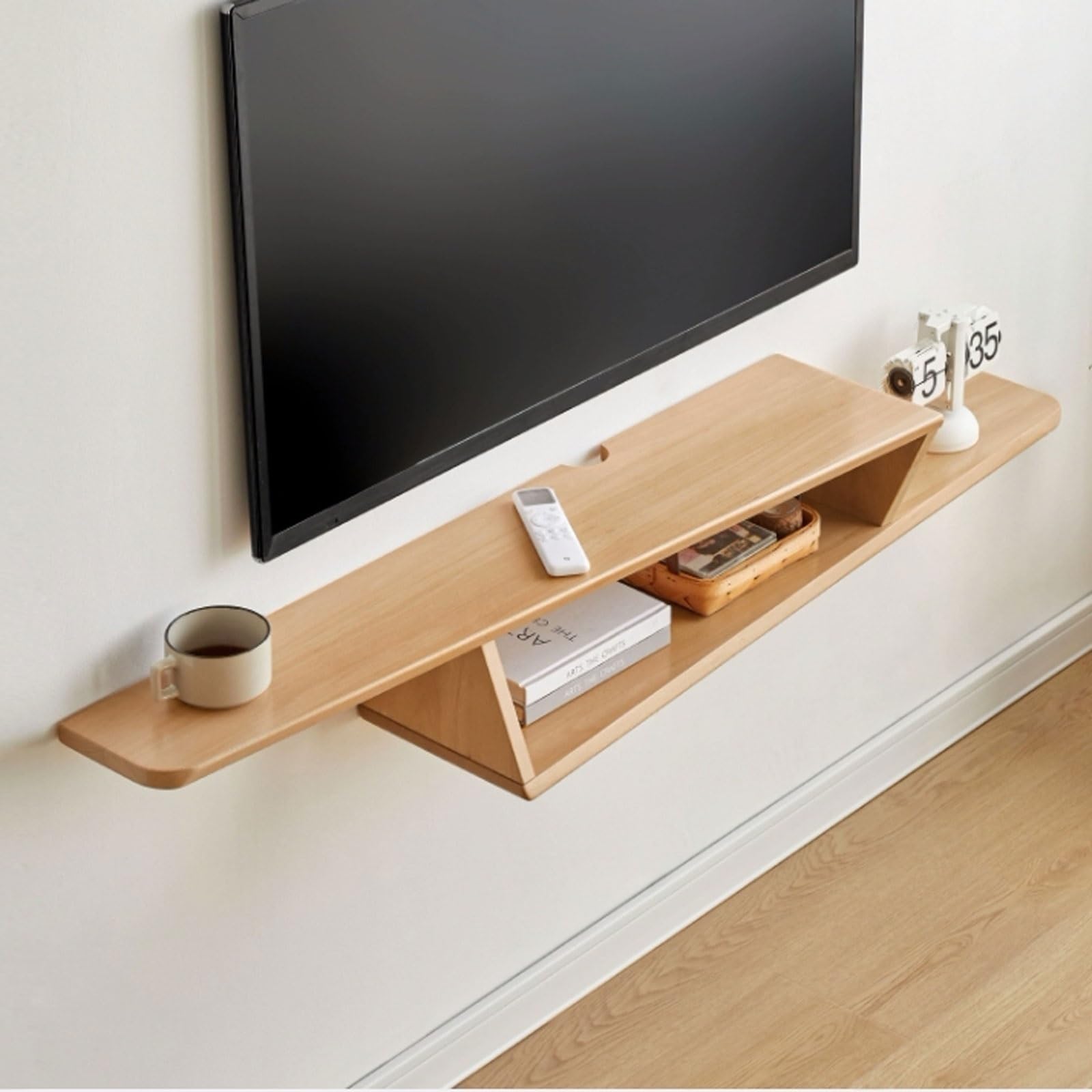 Mueble de TV Soporte flotante de madera de haya for TV montado en la pared de 59 pulgadas, estante flotante estrecho for TV, estante de madera for consola multimedia for almacenamiento debajo del tele