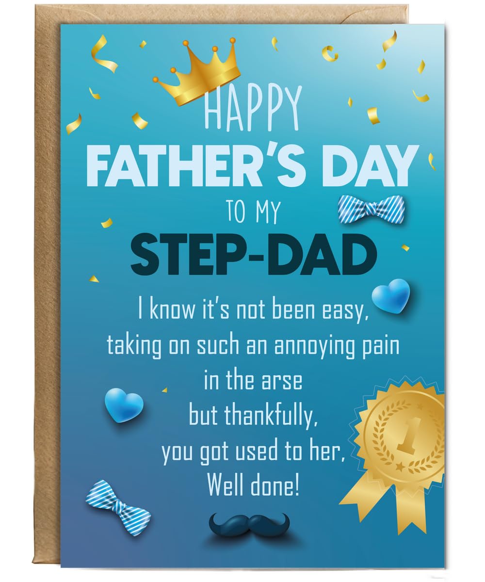 Happy Fathers Day Card to My Step Dad from Son Daughter Hilarious Joke Personalised Card A5 with envelope for him for her Funny Cards for Men and Women Blank inside option