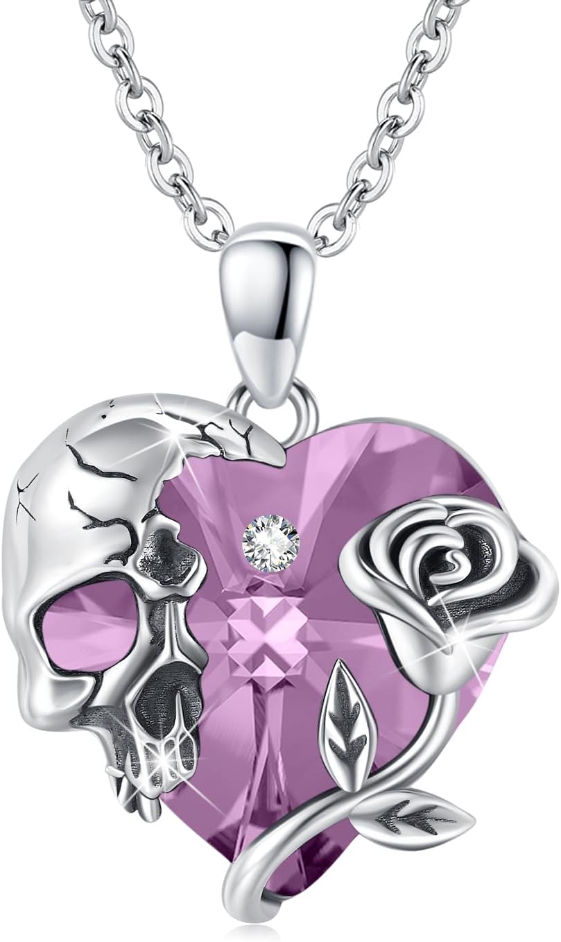 Skull Necklace Sterling Silver Gothic Heart Pendant Rose Birthstone Necklace Halloween Skull Jewelry Gift for Women Men