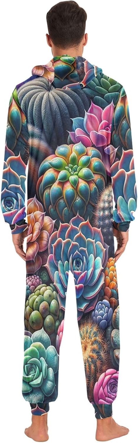 GAIREG Colorful Succulents Vibrant Adult Onesie Pajamas, Soft Hooded One Piece Sleepwear for Men Women