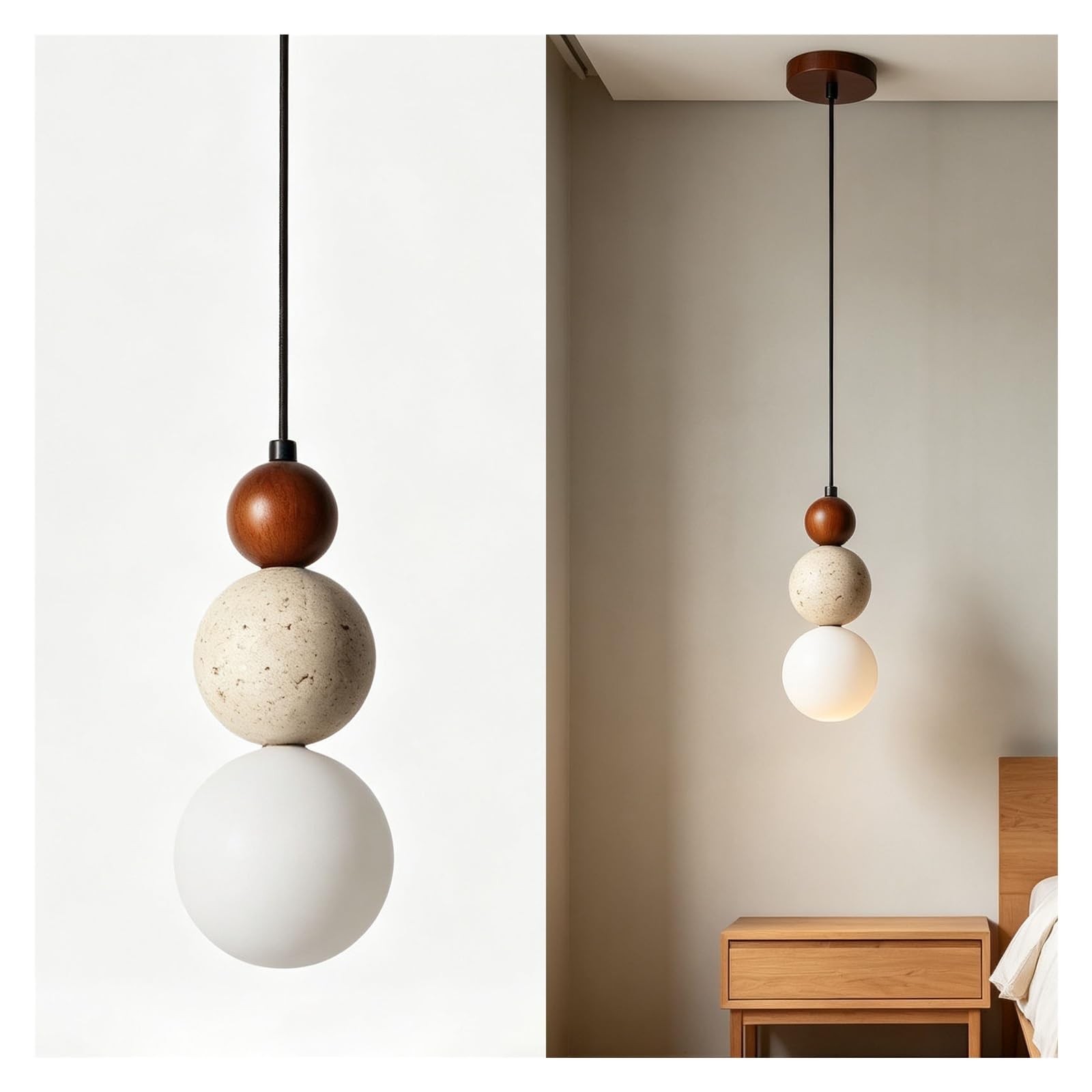 LUOYAOB Modern Spherical Stone Chandelier Walnut Wood Stone Texture Fixture