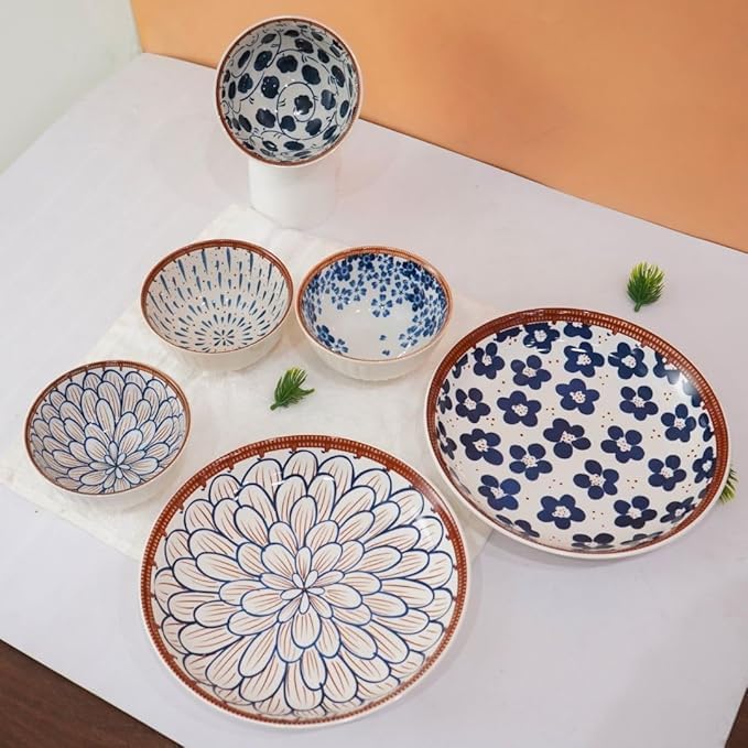 Image of Plates and Bowls Set | Ceramic Dinner Set | 4 Pcs Ceramic Bowl, 2 Plates Elegant Dinnerware for Rice, Soup, Snacks & Desserts-Kitchen & Dining, Crockery Set for Dining & Gifting(2plate+4bowl)
