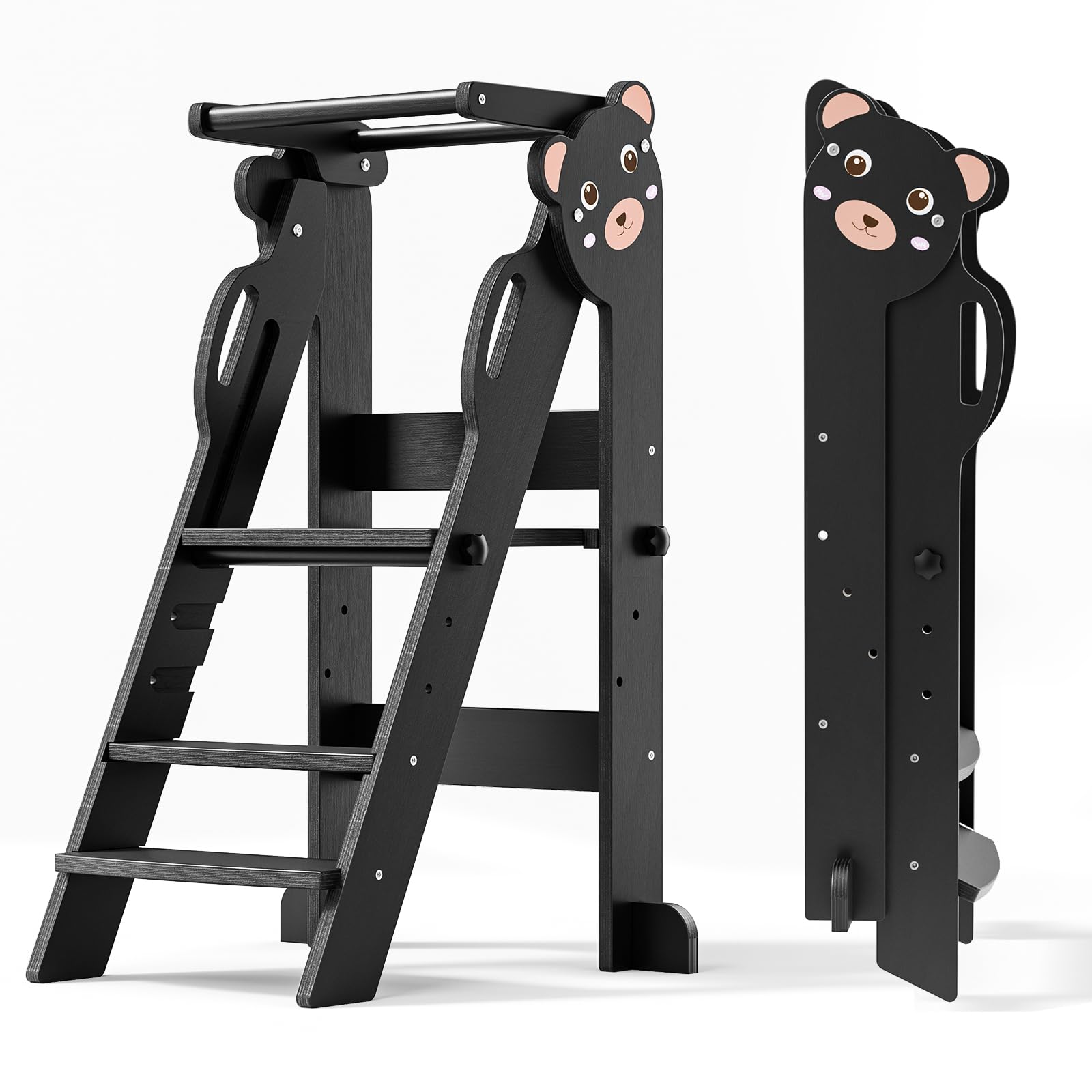Helangel Foldable Learning Tower with 3 Level Adjustable Height,Mothers' Helper Montessori Learning Step Ladder,Kitchen Helper kids kitchen Step Stool for Kitchen Counter,18 Month-6Years (Black)