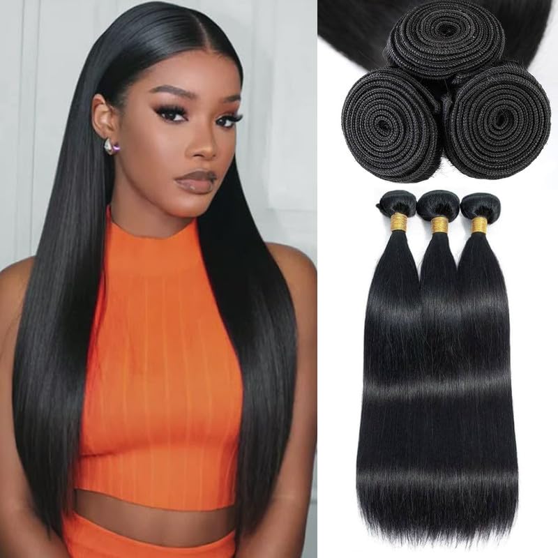 Straight Bundles Human Hair 10 12 14 Inch Human Hair Bundle 12A Brazilian Virgin Hair 3 Bundles Human Hair Extensions for Black Women Natural Color（#1B）