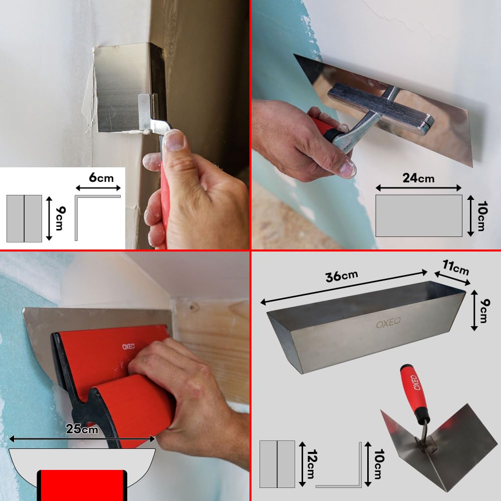 Kit outils plâtrier - 11 outils - Acier inoxydable - idéal bande à joint - Bac - Couteaux - Platoir - Spatules -Truelles d'angle
