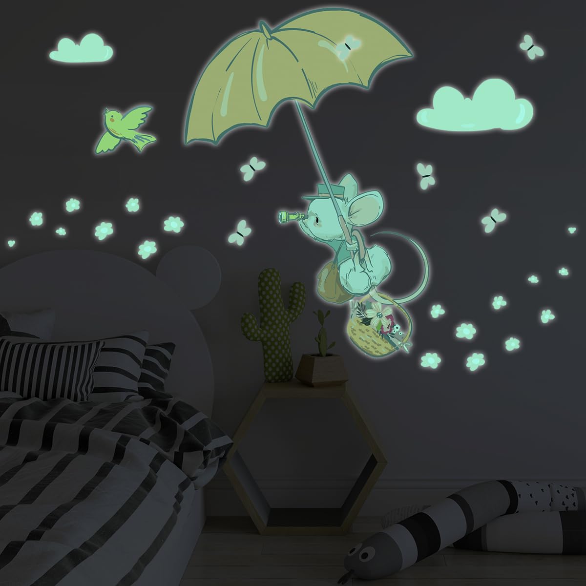 Ambiance Sticker Leuchtender Wandaufkleber für Kinder, fluoreszierend, Maus im Regenschirm, 80 x 50 cm