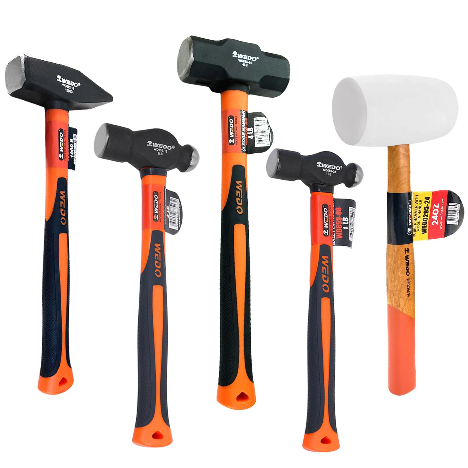 WEDO Set di martelli da 5 pezzi,Martello da slitta da 3 libbre,24 oz martello in gomma bianca,1,5 kg martello a sfera da 0,9 kg, martello a punta incrociata da 0,9 kg, acciaio ad alto tenore di