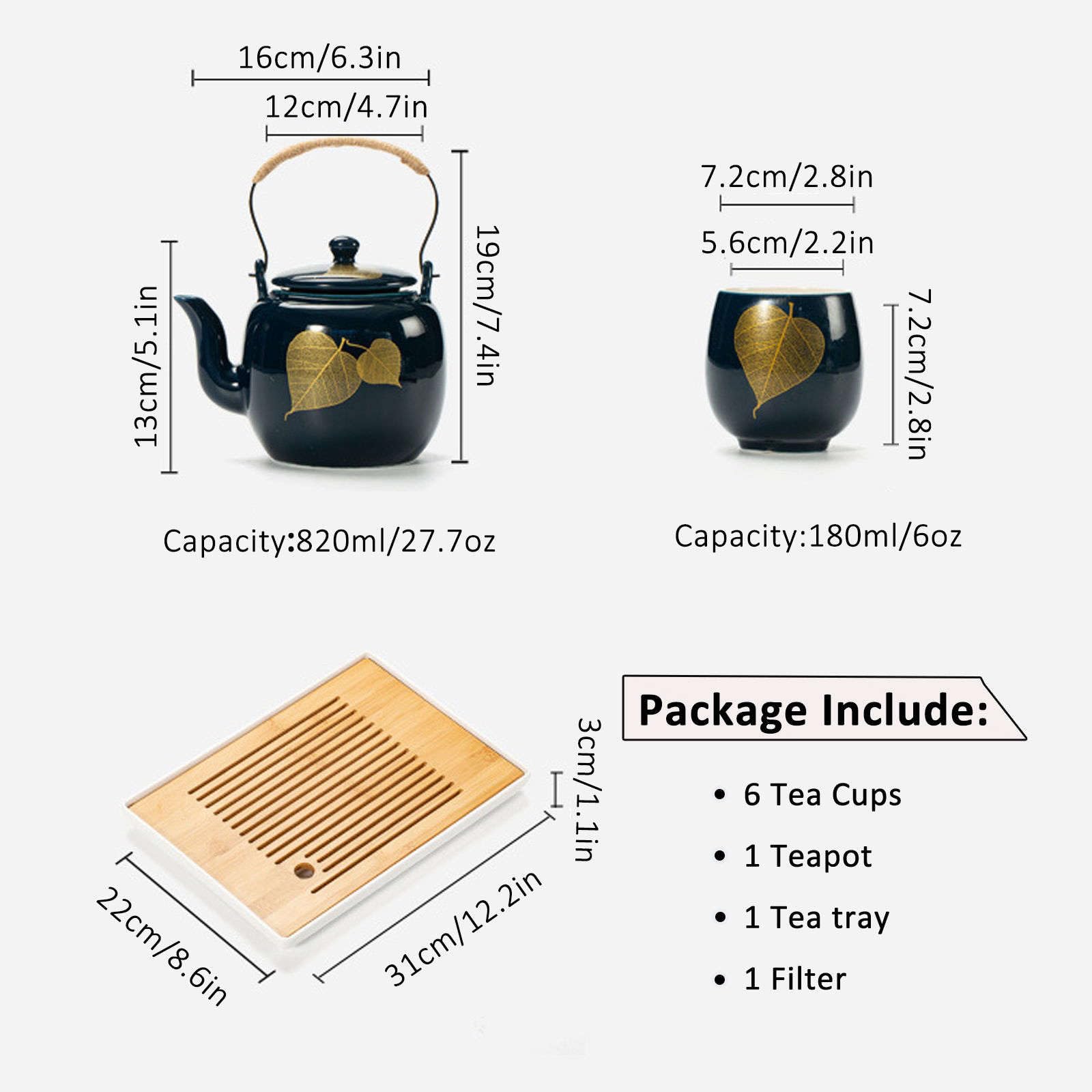zestaw do herbaty, Japoński zestaw do herbaty, chińskie filiżanki z 6 filiżankami 1 czajniczek spodkami Zestawy upominkowe na wspaniały prezent Dorośli Spotkanie przy herbacie Kawa Mleko-A(Blue)