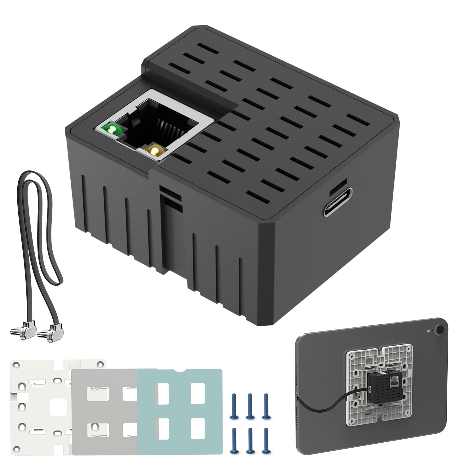 Agile - Kit de montaje en pared para tablet PoE universal con soporte y cable plano | Caja de adaptador de corriente CA a USB-C para 8-12 tabletas (apto para 86 cajas de hogar inteligente/oficina, 23 W)
