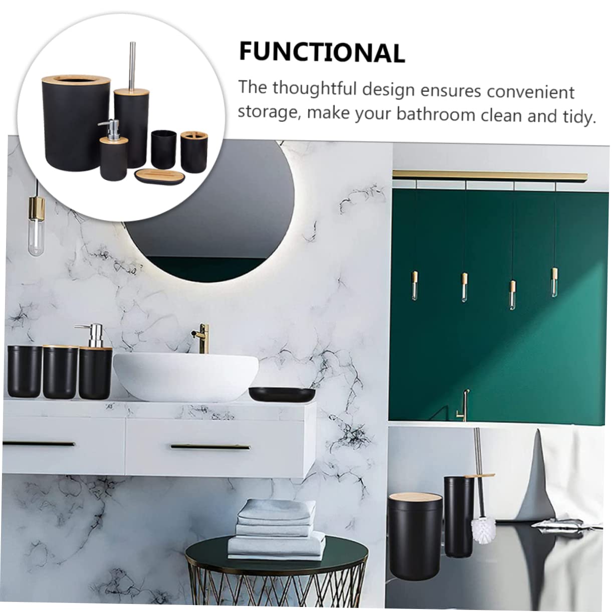 Cabilock Baño Completo Soporte Cepillo Dientes Vaso Enjuague Bucal Loción Jabonera Recipiente Basura Compacto y Útil