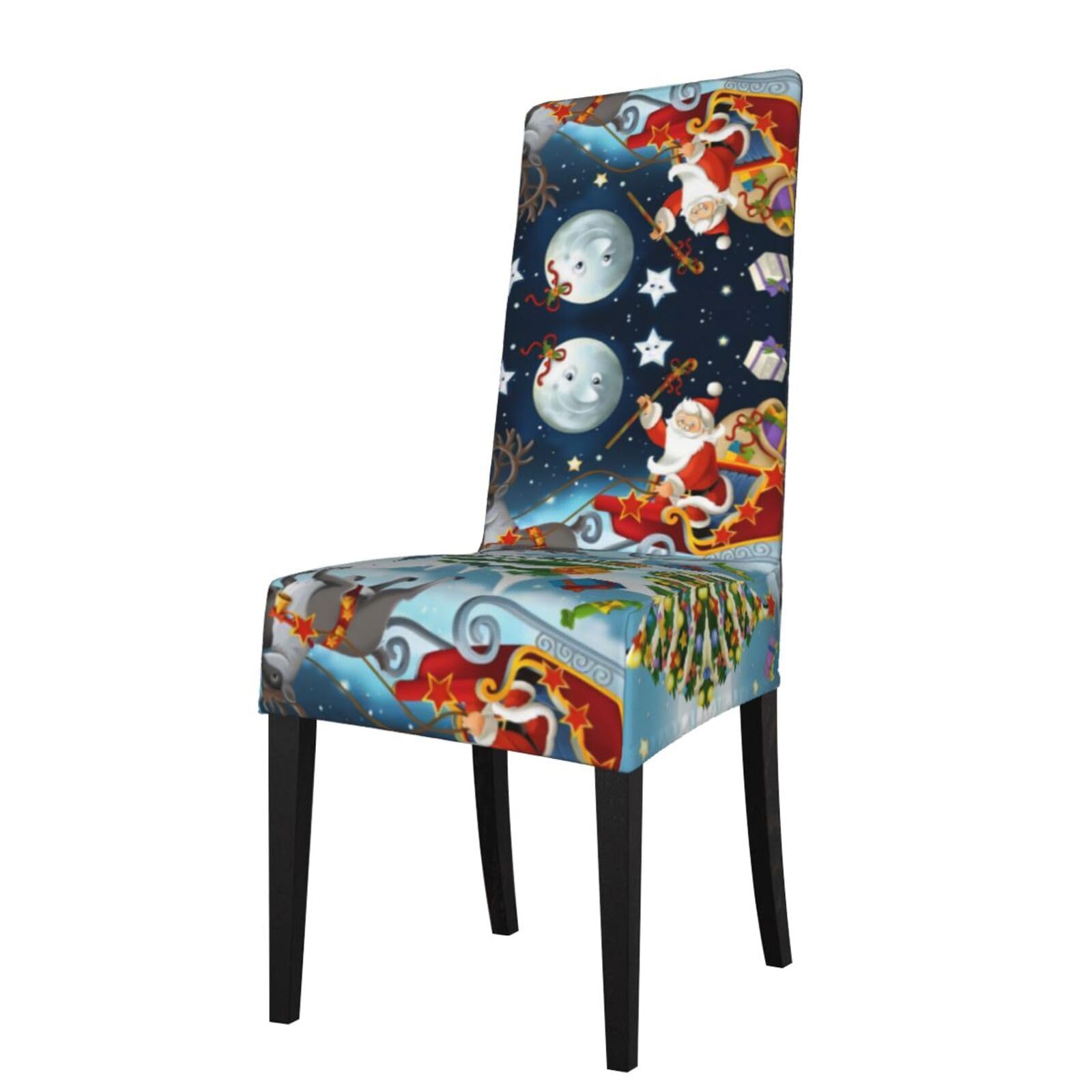 Hlsbssl Black Merry Christmas Santa Claus Reindeer Sled Printed Dining Chair Covers, Fully Enclosed, Removable And Washable, Suitable For Family Banquets And Celebrations