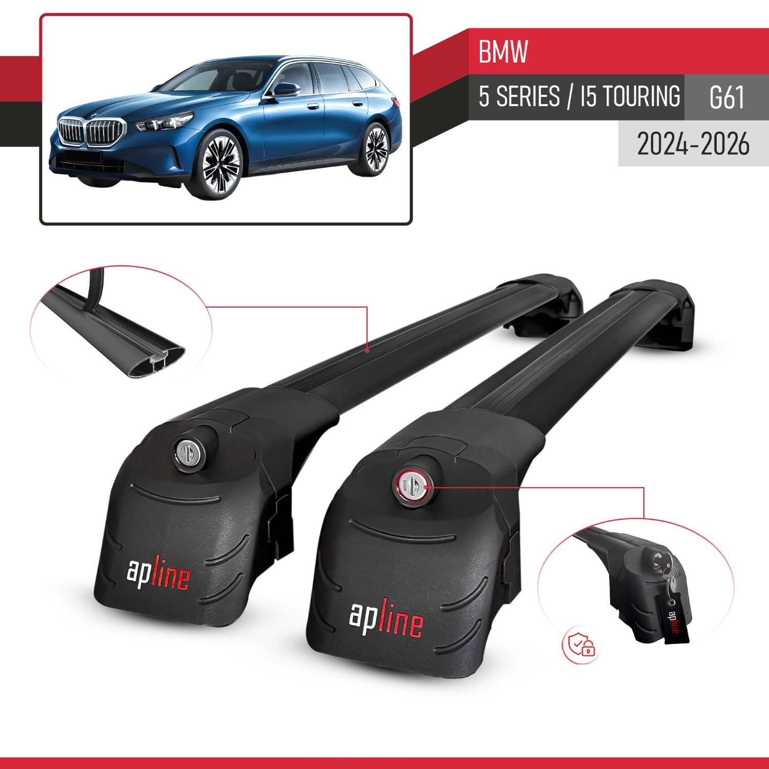 Compatible con BMW Serie 5 / i5 Touring (G61) 2024-2026 Modelo Ace-2 Barra de Techo Auto Portaequipajes Barras Transversales Negro Aluminio 2 Barras