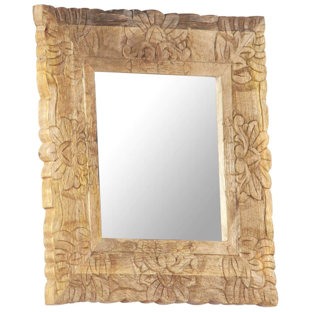 Spiegel aus massivem Mangoholz 50 x 50 cm mit handgeschnitztem Muster, freistehend für Flur Garderobe Schlafzimmer Bad, Deko Wand Spiegel für Make-up und Rasur