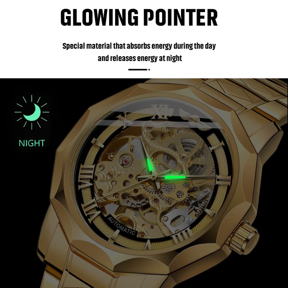 Relojes mecánicos para hombre, automático, dorado, transparente, malla de acero, reloj de pulsera esqueleto hombre, hora caliente..