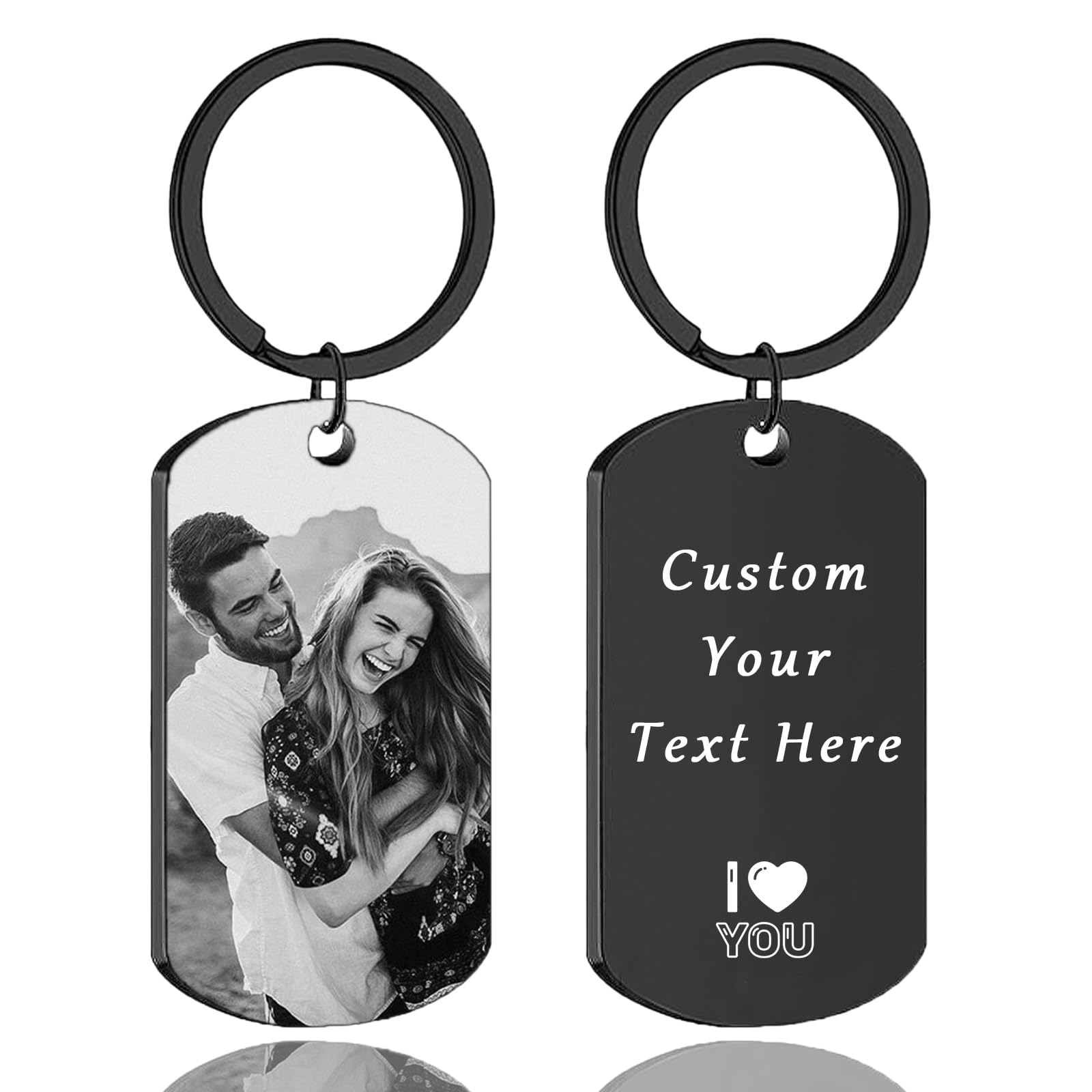 WBW Personalised Photo Tag Keyring, Double-Sided Keyring with Custom Text Picture Customised Keychain Anniversary Memorial Gifts for Men Boyfriend Dad Family (Engraved Keychain)