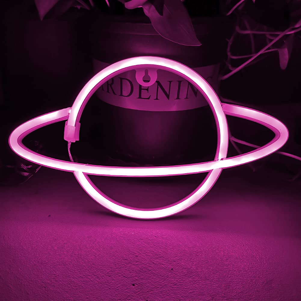 Bipily Planet Neon Lights - Pink Planet LED Neon Signs for Walls, Battery/USB Operated, Decorative Art Light